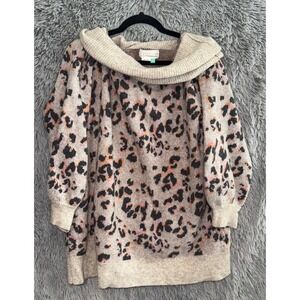 Anthropologie Leopard Print Cowl Neck Sweater Tunic 1X Beige Pink Black